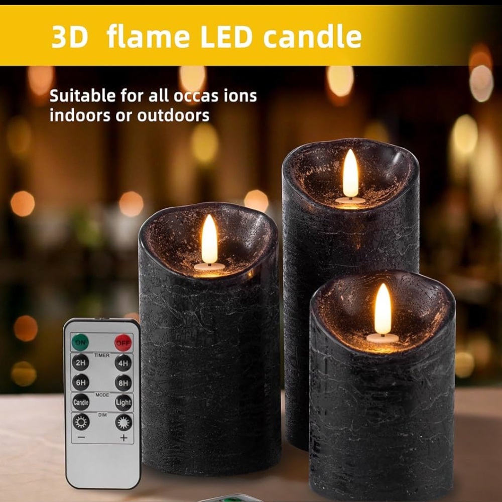 SET/3 Flameless Flickering Black Candles Remote:Halloween, Goth, Romance, Spooky - Picture 3 of 12